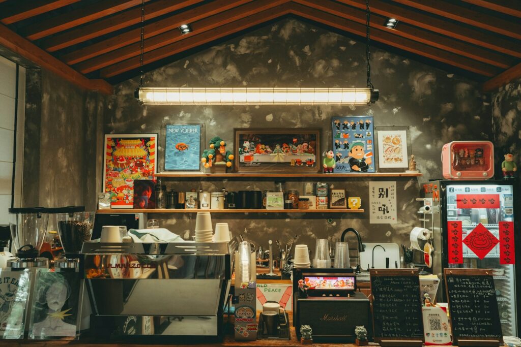 A coffee shop with a lot of items on the shelves